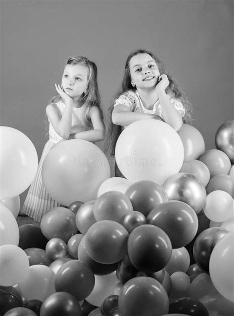 Having Fun Concept Balloon Birthday Party Girls Little Siblings Near Air Balloons Birthday
