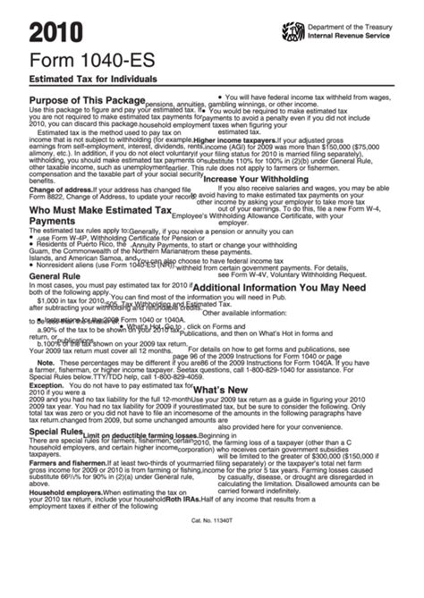 Fillable Form 1040 Es Estimated Tax Payment Voucher 2010 Printable
