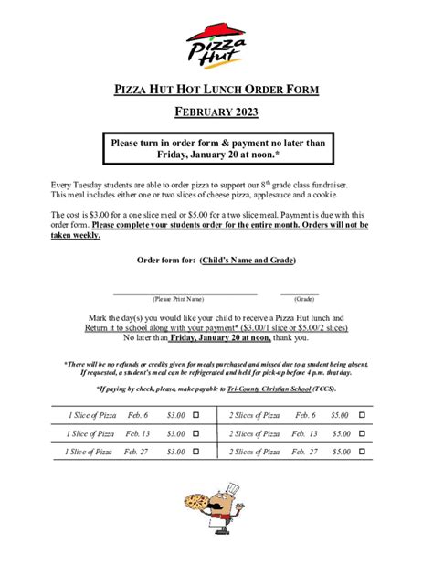 Fillable Online Pizza Hut Hot Lunch Order Forms Due January 20th Fax
