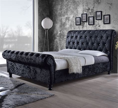 luxury tufted sleigh bed with black crushed velvet upholstery diamond tufting with faceted