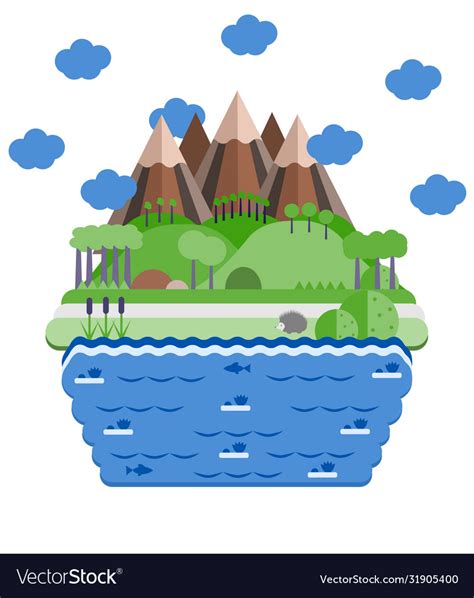 Landscape Mountain Waterfall And Lake Flat Vector Image