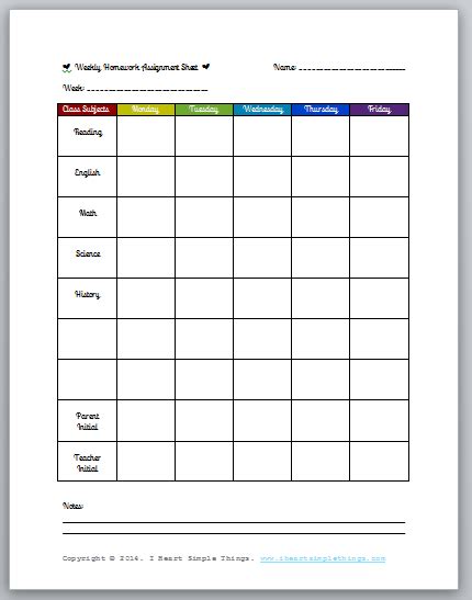 Check spelling or type a new query. Free Printable: Weekly Homework Assignment Sheet ...