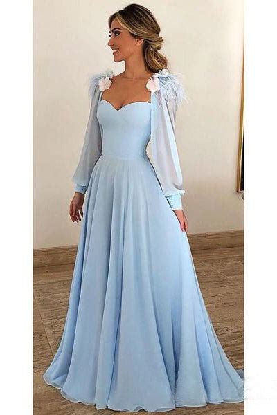 Light Blue A Line Long Chiffon Prom Dresses With Sleeves Modest Forma Evening Dress Okh42