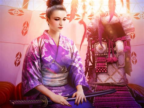 Fantasy Beautiful Kimono Girl Purple Katana Armor Wallpaper Girls