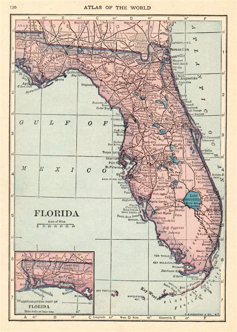 1916 Antique Florida Map Small State Map Of Florida Gallery Etsy
