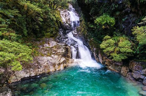 Waterfall In Tropical Rainforest New Zealand High Quality Nature