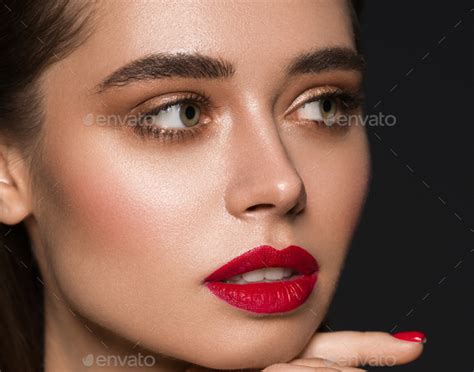 Fashion Model Woman Makeup Red Lips Beauty Female Black Background