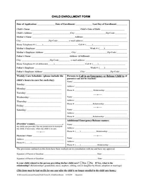Printable Child Care Enrollment Forms Printable Forms Free Online