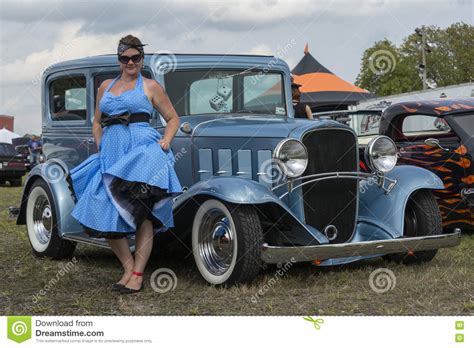 A Pinup Model Posing With A 1940s Car Editorial Image 158642720