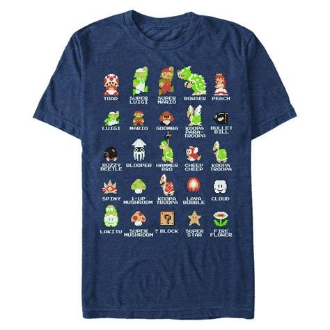 Nintendo Mens Nintendo Super Mario Bros Character Guide T Shirt Navy