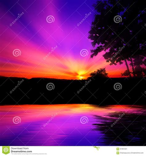 Violet Sunset Over Water Stock Photo Image 61061501