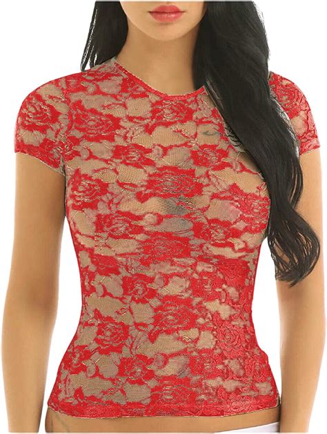 Xuebing Women S Sheer Mesh Lace See Through Short Sleeve Crop Tops Casual T Shirt F Amazon Co