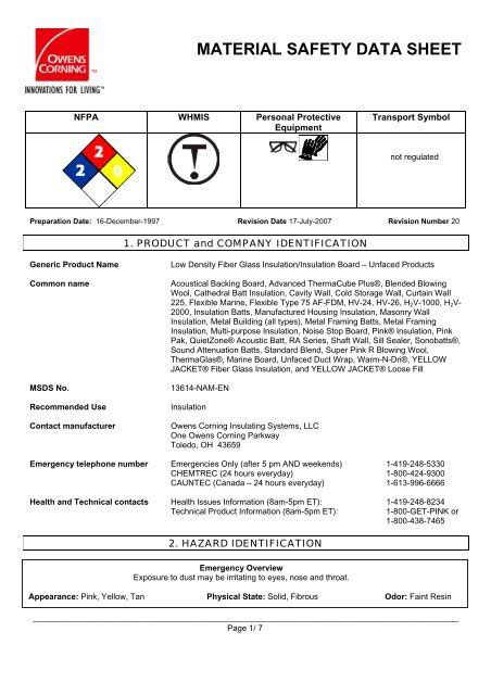 Material Safety Data Sheet Owens Corning
