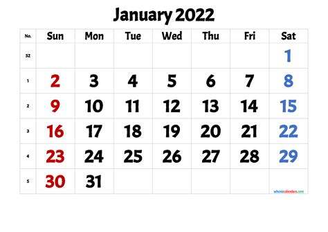 January 2022 Calendar Printable Free