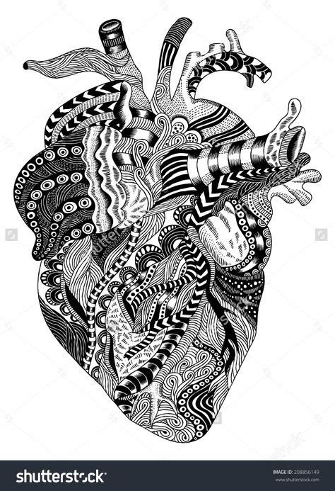 Detailed Hand Drawn Psychedelic Illustration Of Human Heart Zentangle
