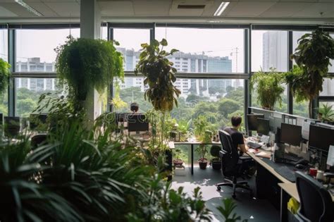Busy Office With View Of Greenery And Plants From The Windows Stock
