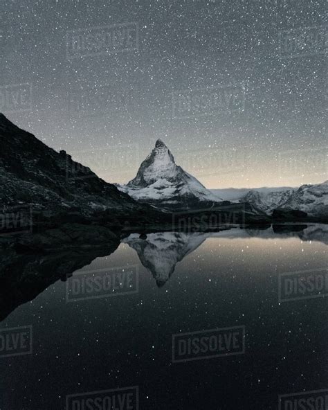 Matterhorn Reflecting Over Lake Riffelsee At Night Zermatt Valais