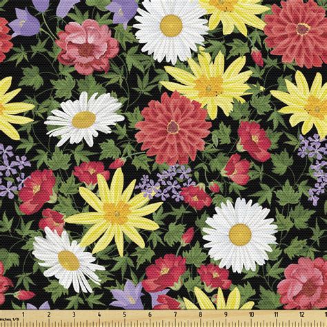 Flower Fabric By The Yard Colorful Spring Flowers Blossomed Daisy And Wild Flowers Botanical