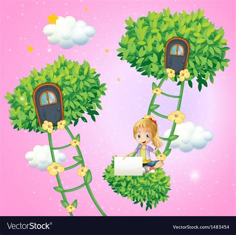 A Girl Holding An Empty Signboard Near The Ladder Vector Image