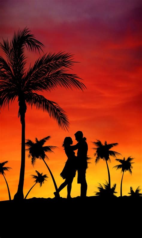 Couple 4k Wallpaper Palm Trees Orange Sky Sunset Silhouette