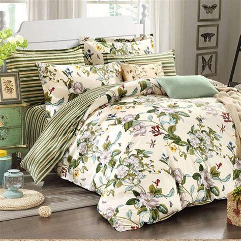 4pc Vintage Green Leaves Cotton Duvet Cover Set Floral Printed Bedding Set With Fitted Sheet