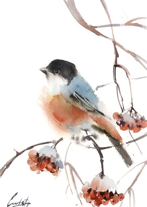 Bullfinch Bird Original Watercolor Painting Bird Loose Style Image 0