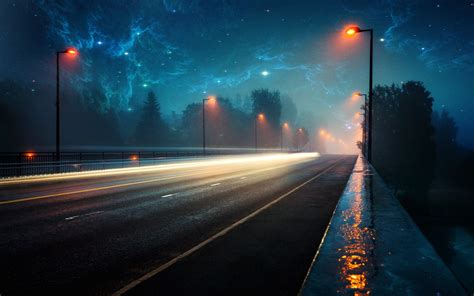 Nebula Space Lighter Lights Road Evening Rain Wallpapers Hd