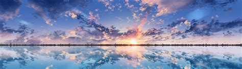 Download 2756x787 Anime Scenic Clouds Sunset Reflection Dual