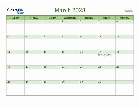 Fillable Holiday Calendar For Canada March 2028