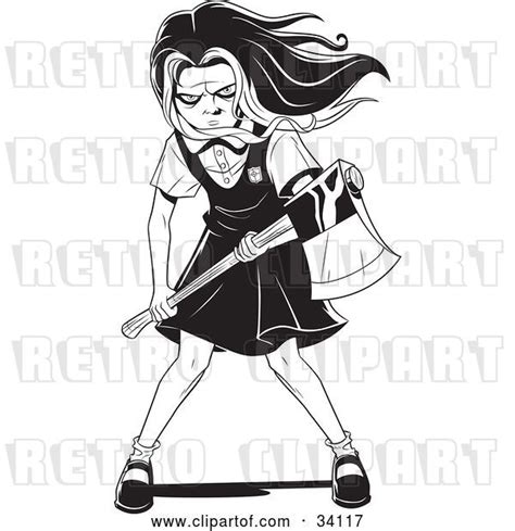 Vector Clip Art Of Retro Evil Young School Girl With Her Hair Waving In