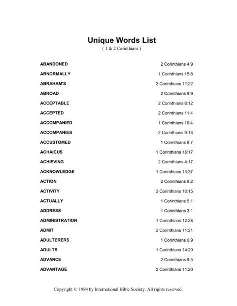 Unique Words List