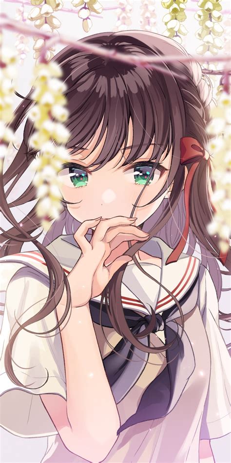 Download 1080x2160 Anime Girl Flowers Brown Hair School