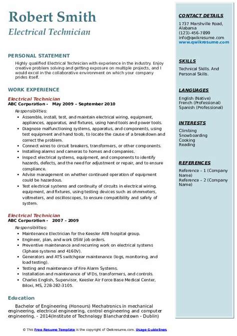 Create a winning engineer cv and land the job you want with our example engineer cv, template and writing guide. Electrical Technician Resume Samples | QwikResume
