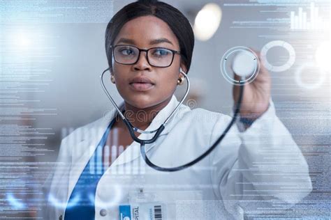 Overlay Stethoscope And Futuristic Black Woman Doctor Using Technology