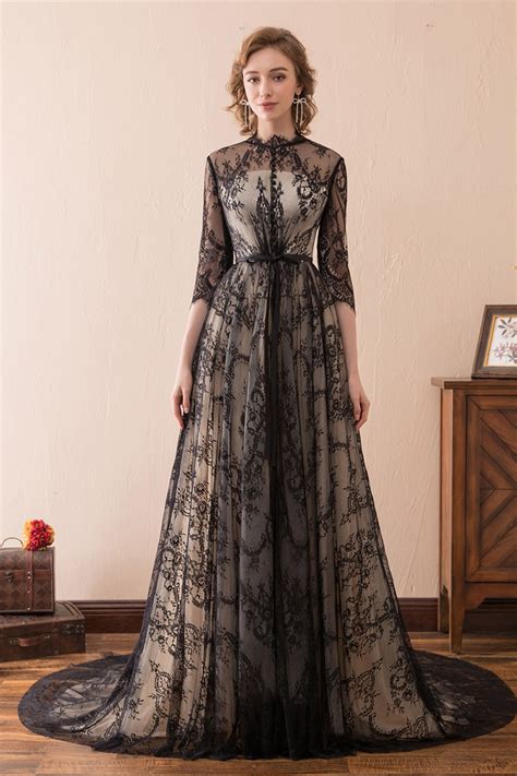 Modest All Lace Black Evening Dress Long With Sleeves Train Ch6678