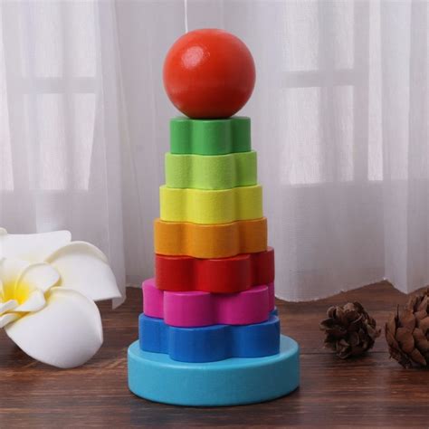 Baby Kid Educational Wooden Toy Stacking Nest Learning Stack Up Rainbow