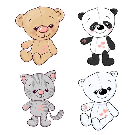 Set Panda Cub Kitten Teddy Bear Hare Hand Drawing Vector Illustration