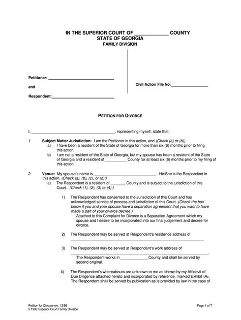 Divorce is the process by which a marriage is dissolved by two parties who have lived together as husband and wife. 1999 Form GA Petition for Divorce Fill Online, Printable, Fillable, Blank - pdfFiller