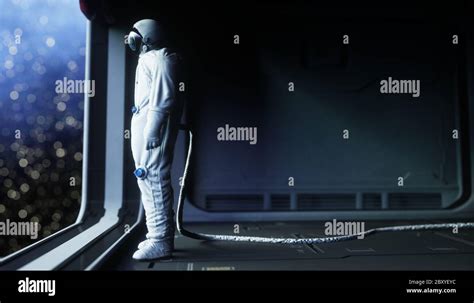 Alone Astronaut In Space Sci Fi Futuristic Corridor View Of The Earth