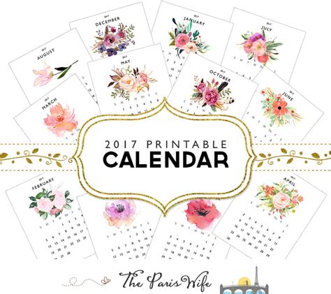 2017 Printable Calendar Instant Download Floral Calendar 2017
