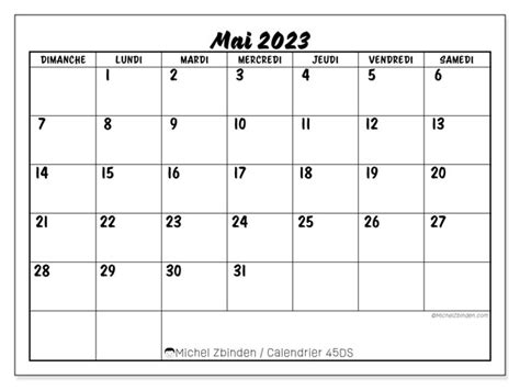 Calendrier Mai 2023 à Imprimer “45ds” Michel Zbinden Ch
