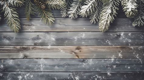 Christmas Vertical Background Pine Tree Branches With Snow Wooden