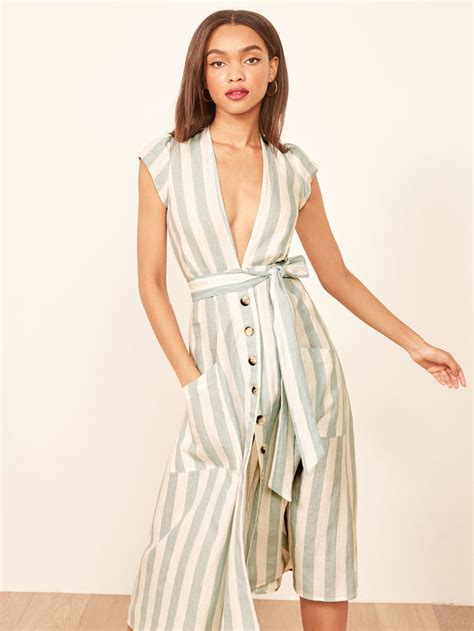Boho Ladies Sex Linen Stripe Midi Dresses With Pocket Dress For Women