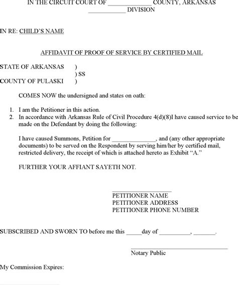 Free Arkansas Affidavit Of Proof Of Service By Certified Mail Form