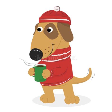 Cute Cartoon Dog In A Cap And Sweater And Coffee Stock Vector
