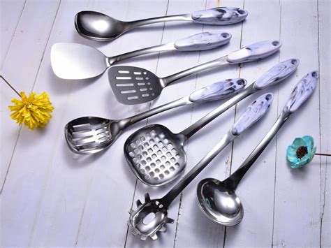 Weighted Stainless Steel Kitchen Utensil Set With Marble Pattern Handle