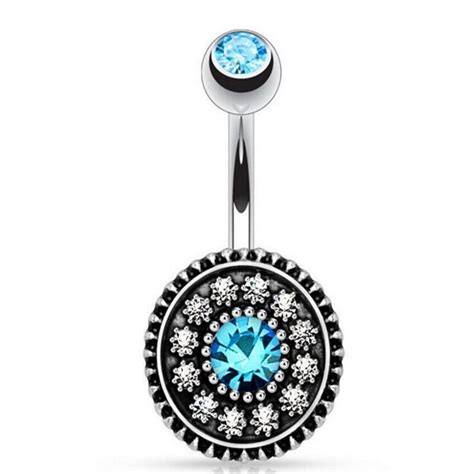 Surgical Steel Flower Dangle Navel Rings Double Blue Crystal Navel Bars