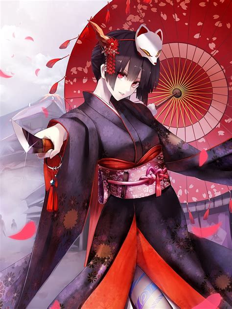 Black Haired Female Anime Character With Red Umbrella And Traditional