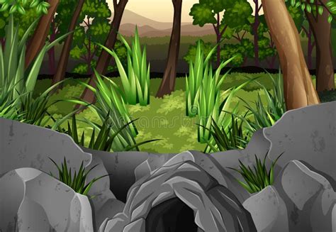 Forest Scene With Cave Stock Vector Illustration Of Stone 94115417
