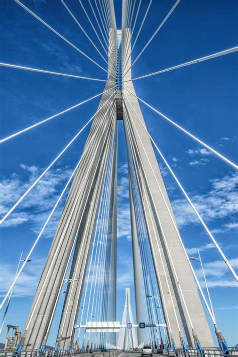 Suspended White Bridge Of Rio Antirio Stock Photo Image Of Cloud